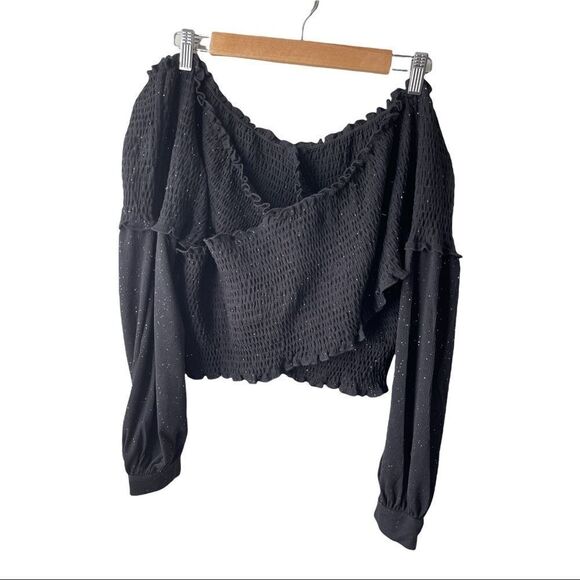 VERONA couture black sparkle smock faux wrap off shoulder crop top with sleeves - Picture 3 of 13